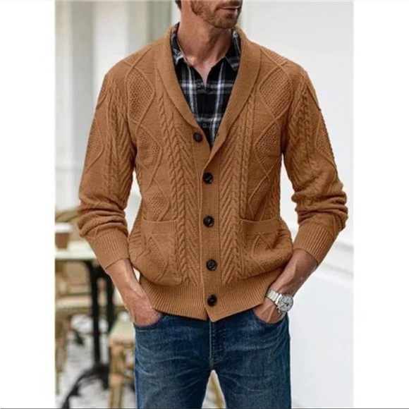 New Men's Casual Cardigan Sweater with Pockets Camel - Picture 1 of 6
